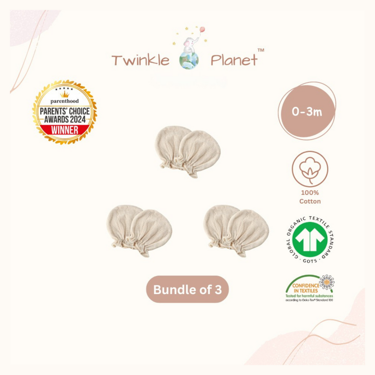 Twinkle Planet Organic Cotton Pointelle Purely Natural Newborns Baby Mitten (3 Pairs)