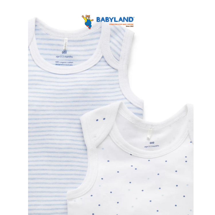 Purebaby 2 Pack Organic Singlet Bodysuit - Pale Blue Pack (Stripe / Polka Dot)