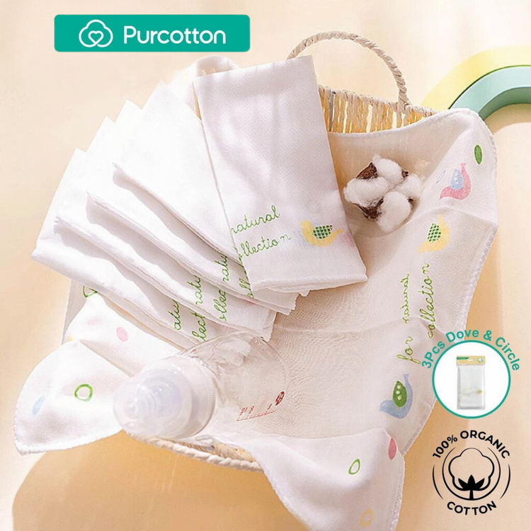 Purcotton Baby Gauze Handkerchief 2 Layers 32cm x 32cm(3pcs)Dove and Circle