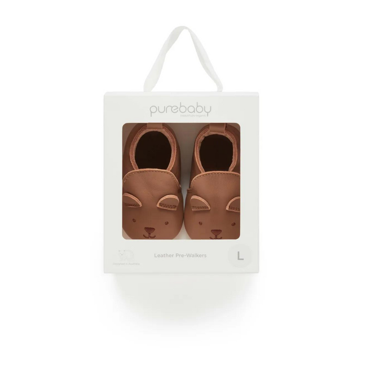 Purebaby Leather Pull On Slipper - Tan Bear