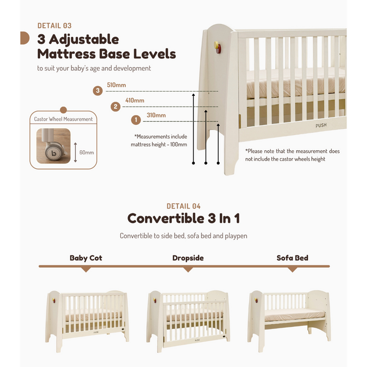 Funbies Gina Baby Cot Set (Beige) (60 x 120cm) | 3in1 Baby Cot