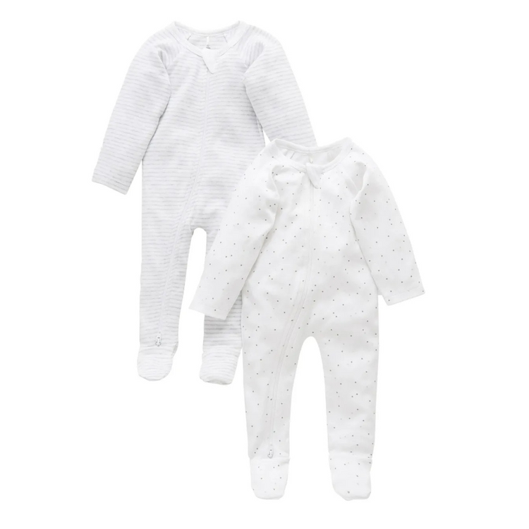 Purebaby Organic 2 Pack Zip Growsuit - Pale Grey set (polka dot and stripe)