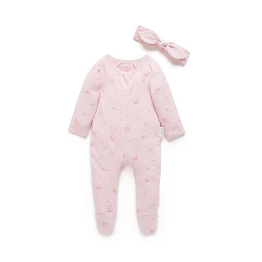 Purebaby Organic Zip Growsuit & Headband Pack - Pale Pink Blossom