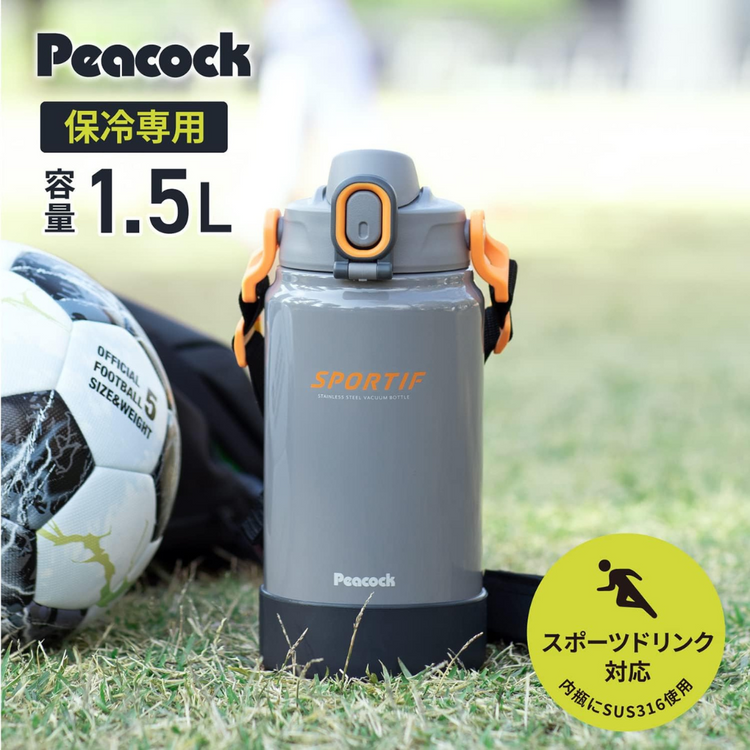 Peacock AJK-R150 1.5L SUS316 One Touch Sports Bottle (Thunder Grey)