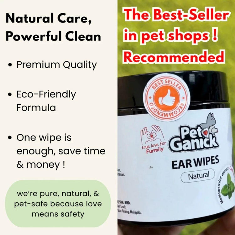 Pet Ganick Ear Wipes (100PCS) | Remove Mites & Earwax/Prevent Itching/Irritation & Ear Infections/Anti-fungal for Cats & Dog