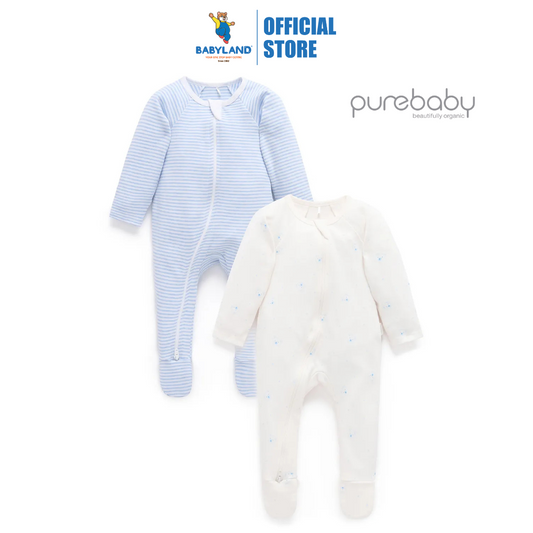 Purebaby 2 Pack Organic Sleepsuit - Pale Blue Bear