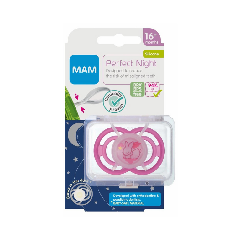 MAM Perfect Night Pacifier (16m+) Glow in the Dark Baby Soother with Self Sterilising Travel Case