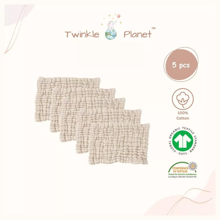 Twinkle Planet Organic Cotton Purely Natural Baby Wash Cloths (5 Pcs) (30cmX30cm)