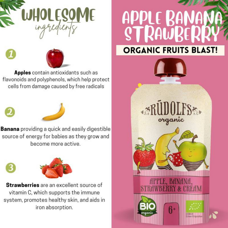 Rudolfs Organic Apple, Banana, Strawberry Puree With Cream 110g (6m+)