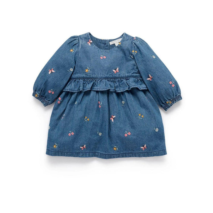 Purebaby Organic Ladybird Broderie Print Denim Embroidered Dress