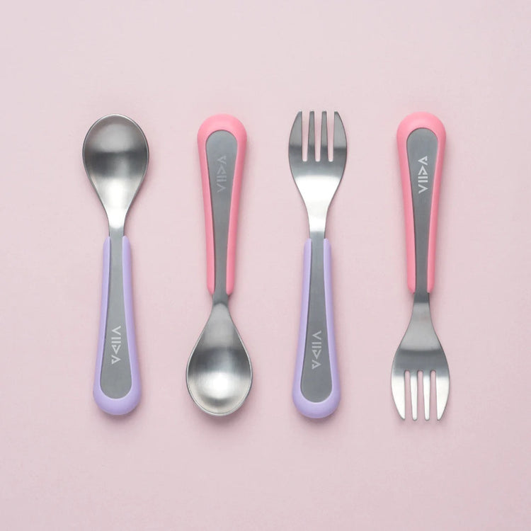 Viida Souffle Antibaterial Stainless Steel Fork & Spoon (L) - Taffy Pink