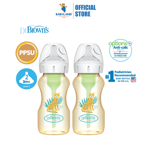 Dr Brown's Anti-Colic Options+ PPSU Wide Neck Bottle 270ml 2Pc - Cheetah / Level 2 Teat