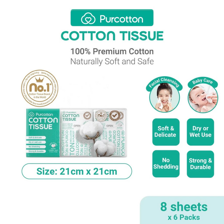 Purcotton 100% Cotton Tissue Pocket 6 Packs 8 Sheets 21X21cm