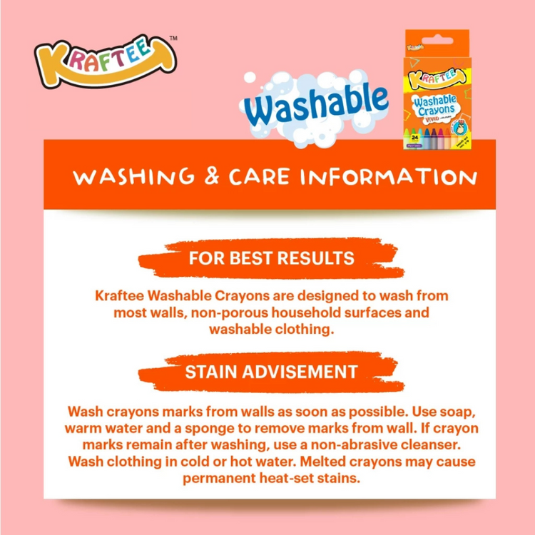 Kraftee 24CT Washable Crayons For Kid Children Art Creativity - Non-Toxic - Back to School