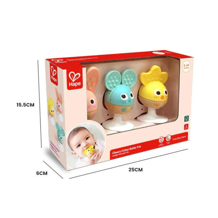 Hape 0123 Cheery Critter Rattle Trio Suitable for Newborn and Up