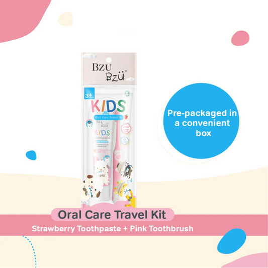 BZU BZU Kids Oral Care Travel Kit 3+ Years (Strawberry Toothpaste + Pink Toothbrush)