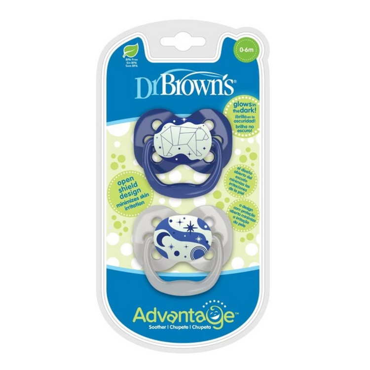 Dr Brown's Advantage Pacifiers Glow In The Dark (2pcs) Stage 1 (0-6m)/Stage 2 (6-18m)