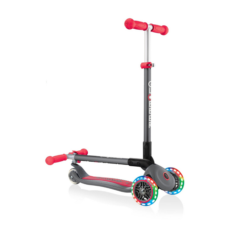 Globber Primo Foldable Lights Scooter with Anodized T Bar Grey/Red - 432-120-2 (3y+)