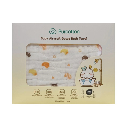 Purcotton Baby Airysoft Gauze Bath Towel 6 Layer Stitched 95cm x 95cm Yellow Duckling