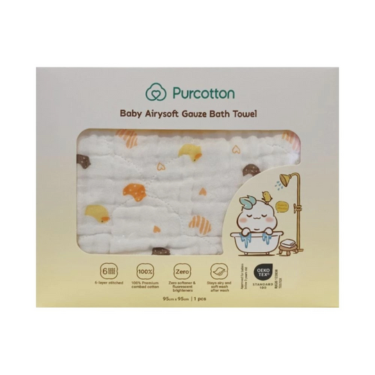 Purcotton Baby Airysoft Gauze Bath Towel 6 Layer Stitched 95cm x 95cm Yellow Duckling