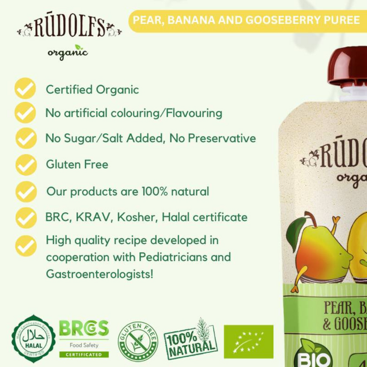 Rudolfs Organic Pear, Banana And Goosberry Puree 110g (6m+)