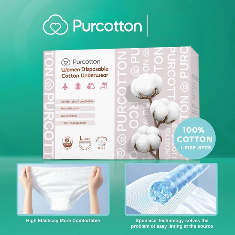 Purcotton 100% Cotton Women Disposable Cotton Underwear M/L Size (8pcs)