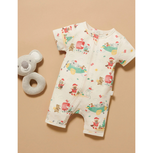 Purebaby Organic Short Sleeve Zip Growsuit - Christmas Wishes Print