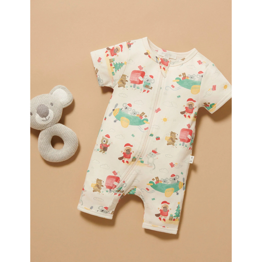 Purebaby Organic Short Sleeve Zip Growsuit - Christmas Wishes Print