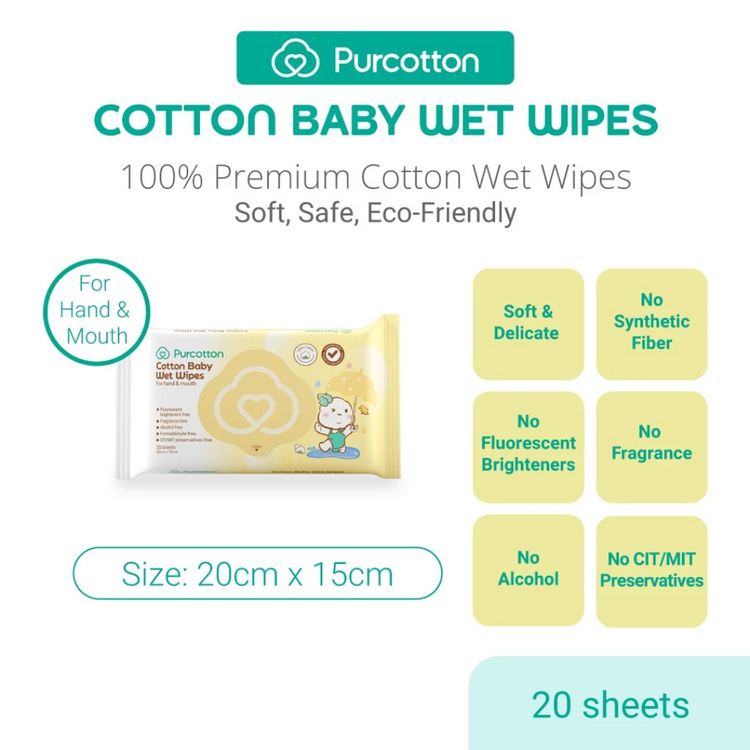 Purcotton Cotton Baby Wet Wipes 20 sheet (20x15cm)