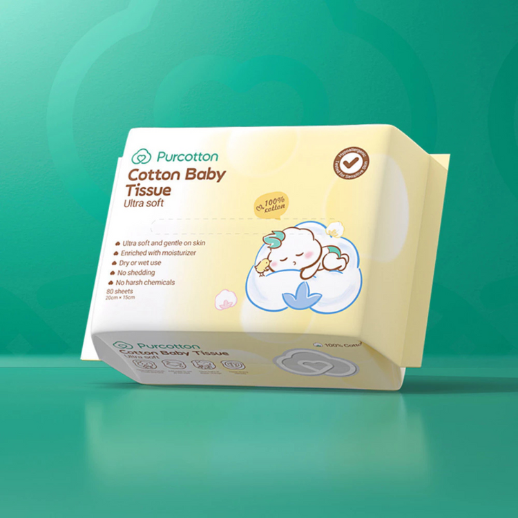 Purcotton 100% Cotton Baby Tissue Ultra Soft 80 Sheets 15X20cm