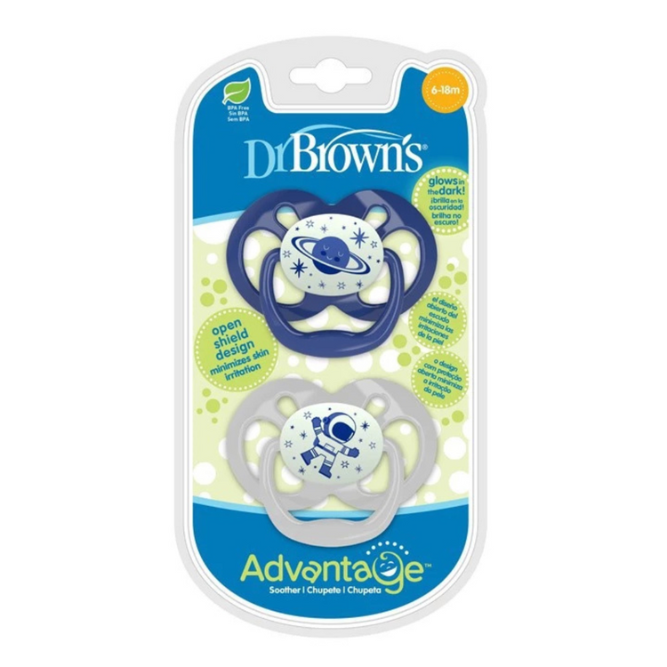 Dr Brown's Advantage Pacifiers Glow In The Dark (2pcs) Stage 1 (0-6m)/Stage 2 (6-18m)