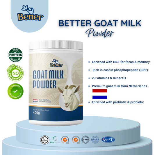 (HALAL) Better Premium Goat Milk Powder 400g. Boosting Energy Level, Focus and Memory.