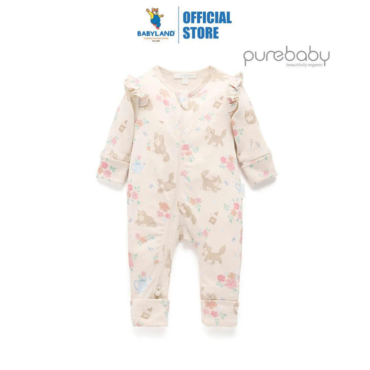 Purebaby Organic Garden Kitten Baby Printed Zip Growsuit