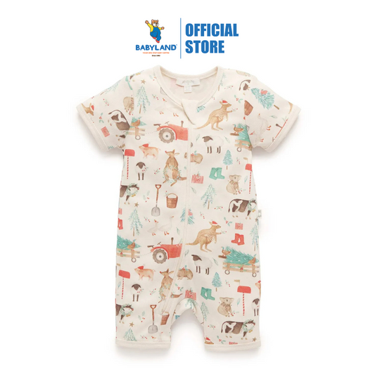 Purebaby Organic Short Sleeve Zip Growsuit Farmyard Christmas