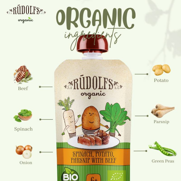 Rudolfs Organic Spinach, Potato, Parsnip With Beef 110g (6m+)