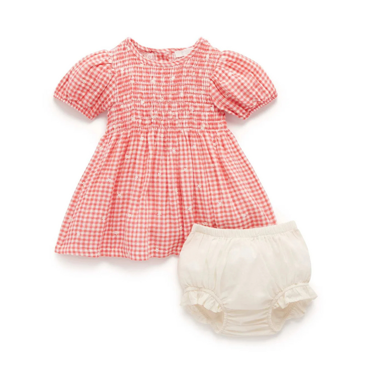 Purebaby Organic Gingham Star Broderie - Festive Shirred Dress