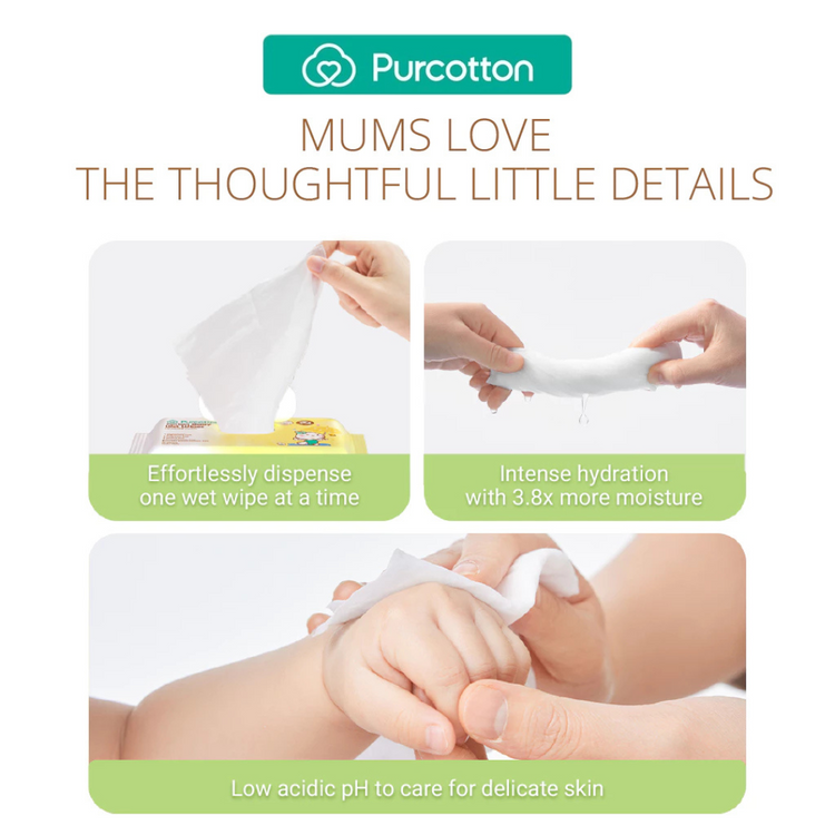 Purcotton Cotton Baby Wet Wipes 80 sheet (20x15cm)