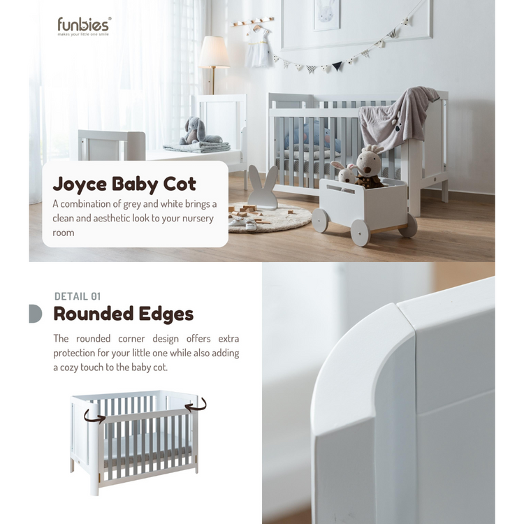 Funbies Joyce Baby Cot Set (White + Grey) (70 x 130cm) | 4in1 Baby Cot