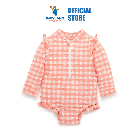 Purebaby Organic Baby Kids Frilly Long Sleeve Swimsuit Coral Gingham