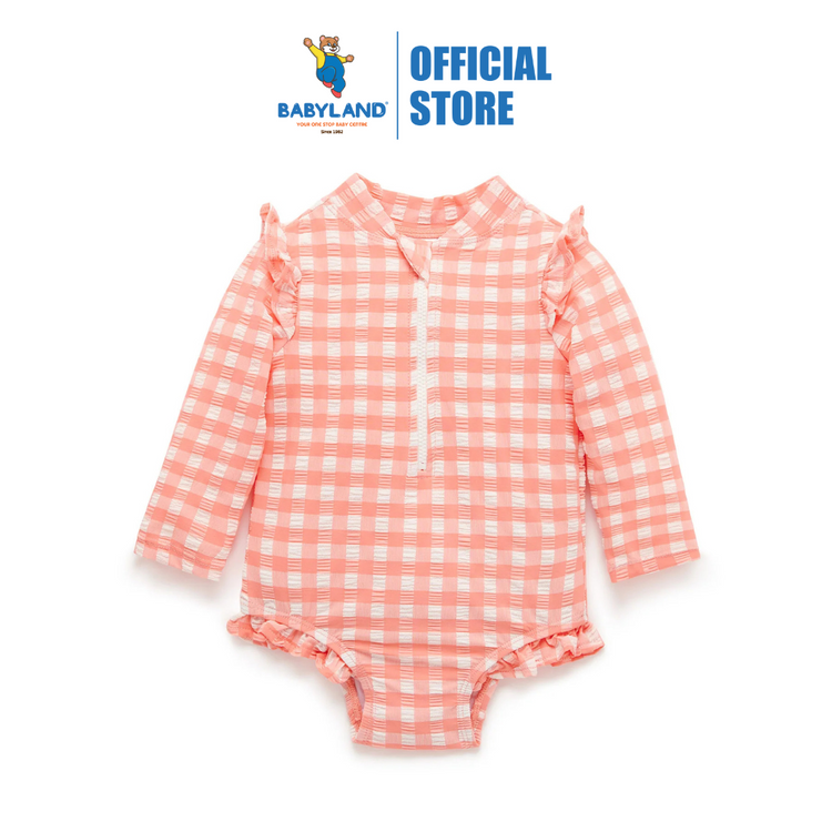 Purebaby Organic Baby Kids Frilly Long Sleeve Swimsuit Coral Gingham