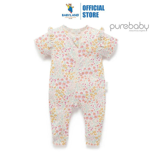 Purebaby Organic Garden Petals Print Baby Kids Printed Zip Growsuit