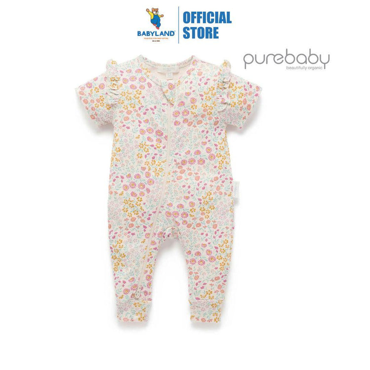 Purebaby Organic Garden Petals Print Baby Kids Printed Zip Growsuit