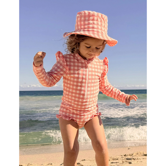 Purebaby Organic Baby Kids Frilly Long Sleeve Swimsuit Coral Gingham