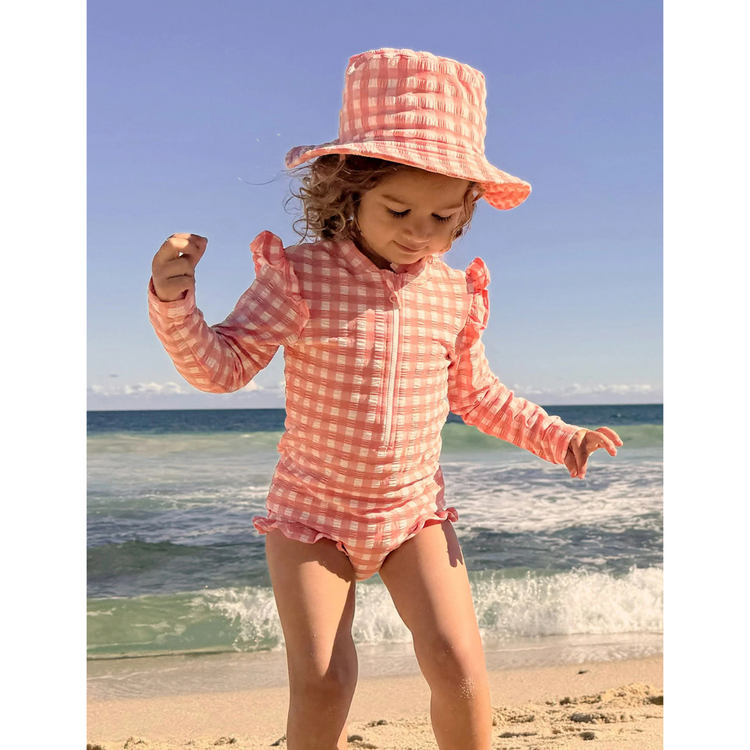 Purebaby Organic Baby Kids Frilly Long Sleeve Swimsuit Coral Gingham Babyland SS2 Malaysia