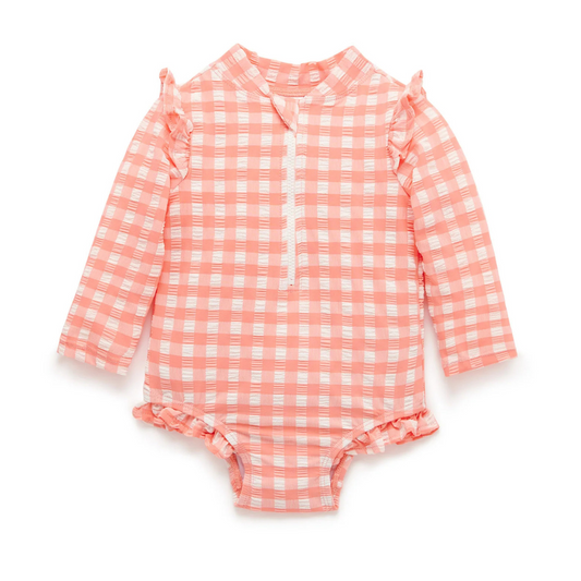 Purebaby Organic Baby Kids Frilly Long Sleeve Swimsuit Coral Gingham