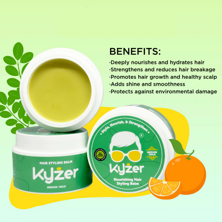 Kyzer Naurishing Hair Styling Balm 50g (Green) For Kids, 6+ months with Moringa, Vitamin E, Sweet Orange (gel wax pomade)