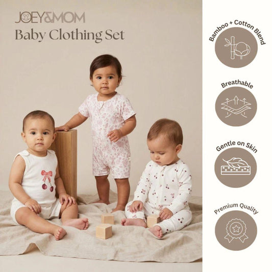 Joey&Mom Baby Clothing Bundle (3-Piece Set) | Bamboo Cotton Sleepsuit + Rompers | Soft Breathable Cooling | Eczema Safe