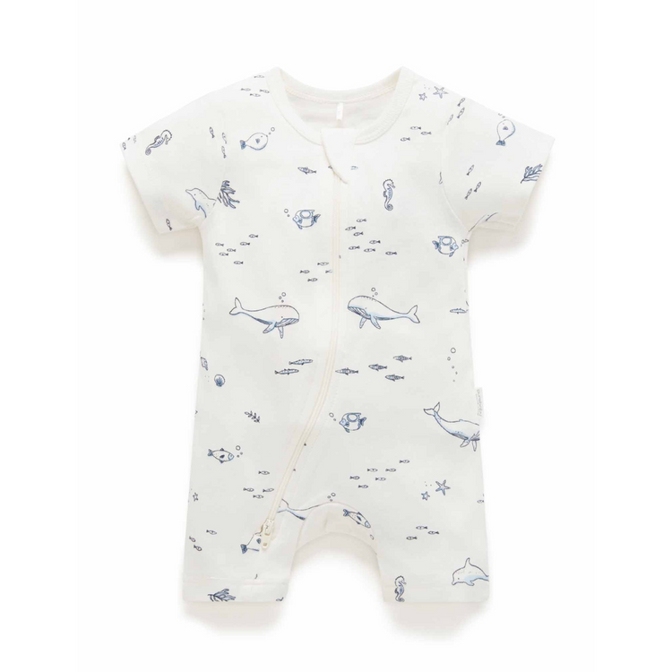 Purebaby Organic Short Leg Zip Growsuit - Vanilla Nautical