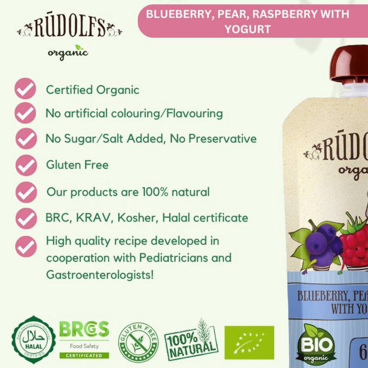 Rudolfs Organic Blueberry, Pear, Raspberry With Yogurt 110g (6m+)