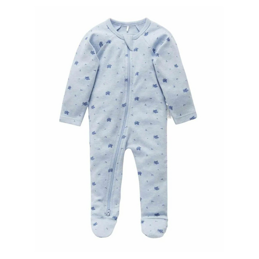 Purebaby Organic Zip Growsuit - Pale Blue Leaf